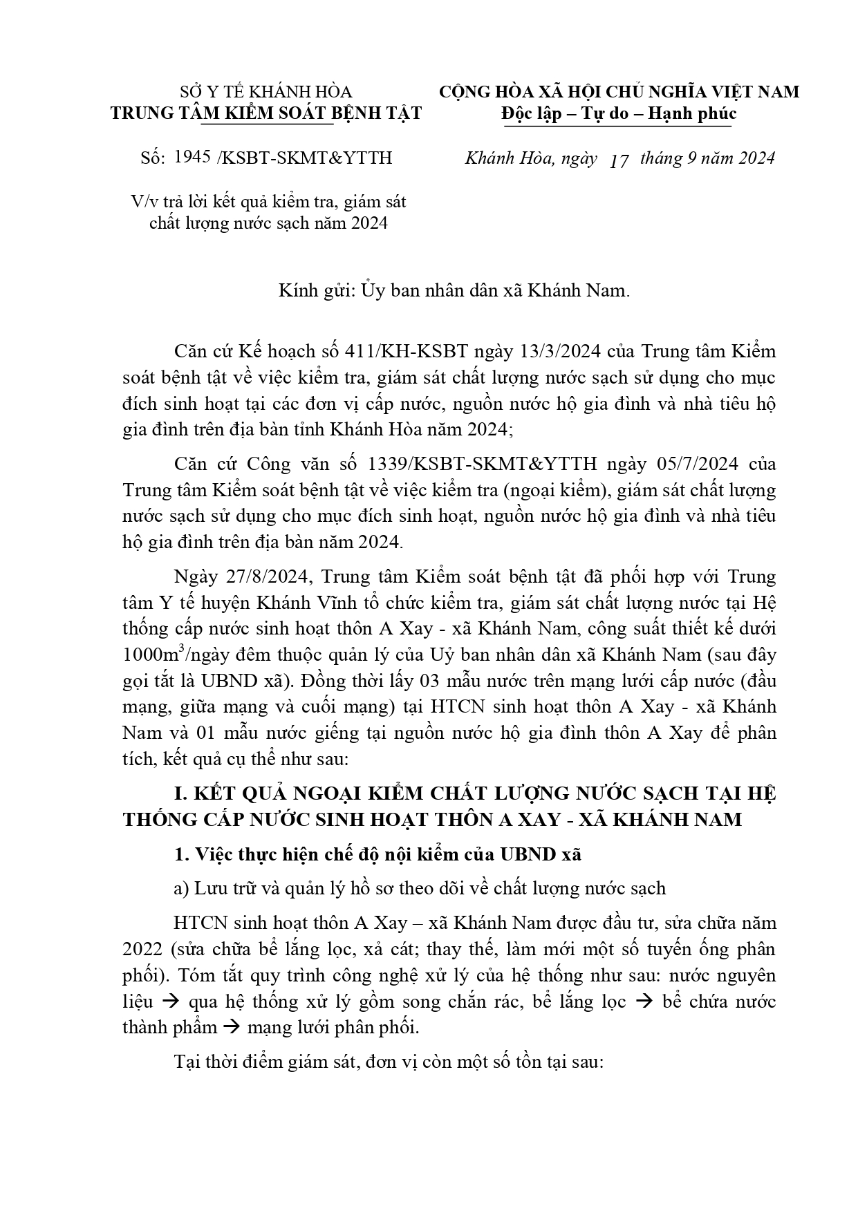 V/v trả lời kết quả kiểm tra, giám sát chất lượng nước sạch năm 2024